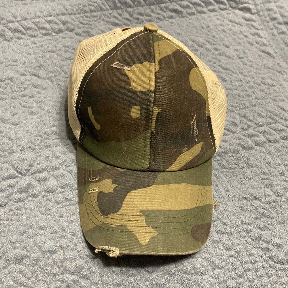 Distressed Camo Ponytail Baseball Cap